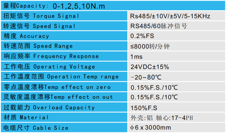 动态扭矩传感器CAZF-TD110技术参数